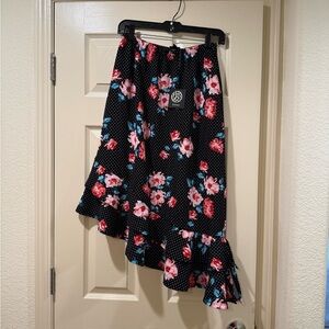 Bobeau Black and Pink Floral Asymmetrical Midi Skirt